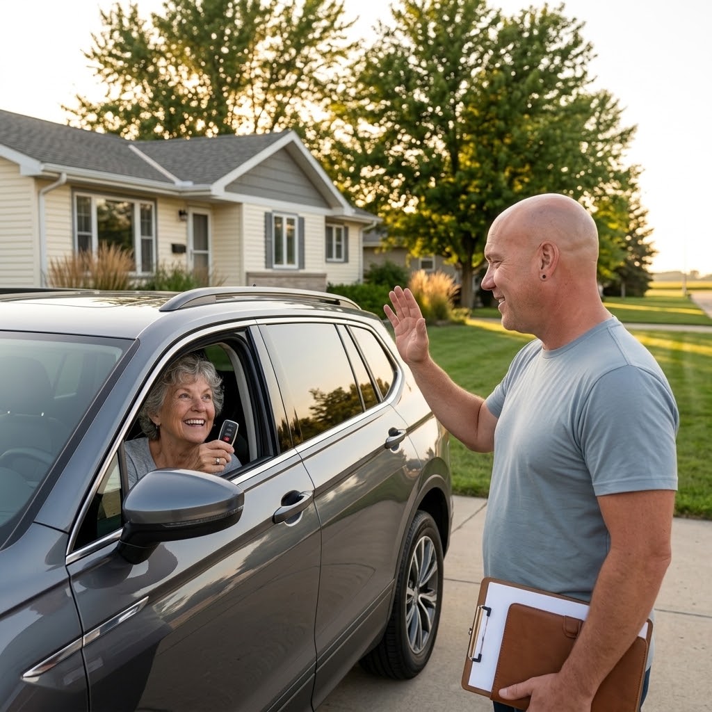 Ron completing a MyRide vehicle delivery with a customer.